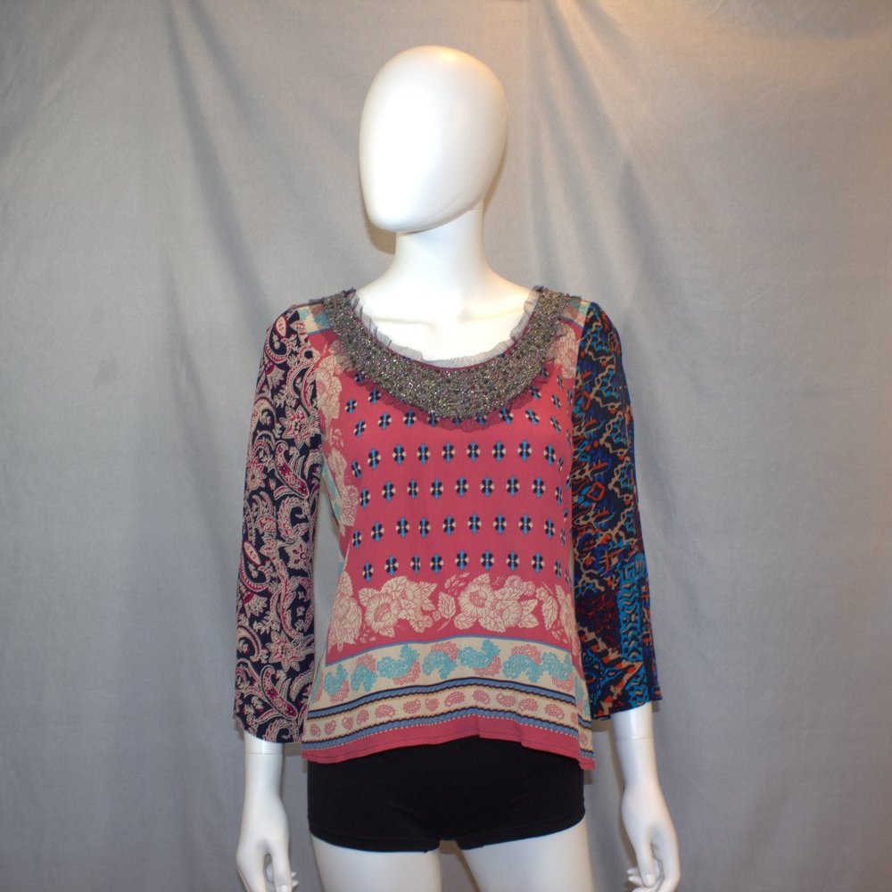 Anthropologie | Plenty by Tracy Reese | Patterned Tunic Blouse | Beaded Size S